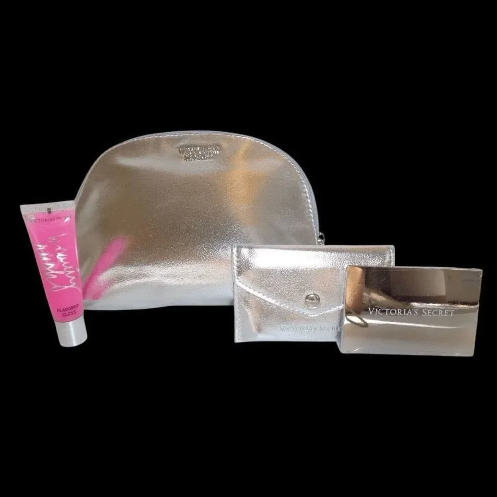New Victoria's Secret 4 Pc Silver Beauty Kit Make Up Bag,Lip Gloss,Mirror Case